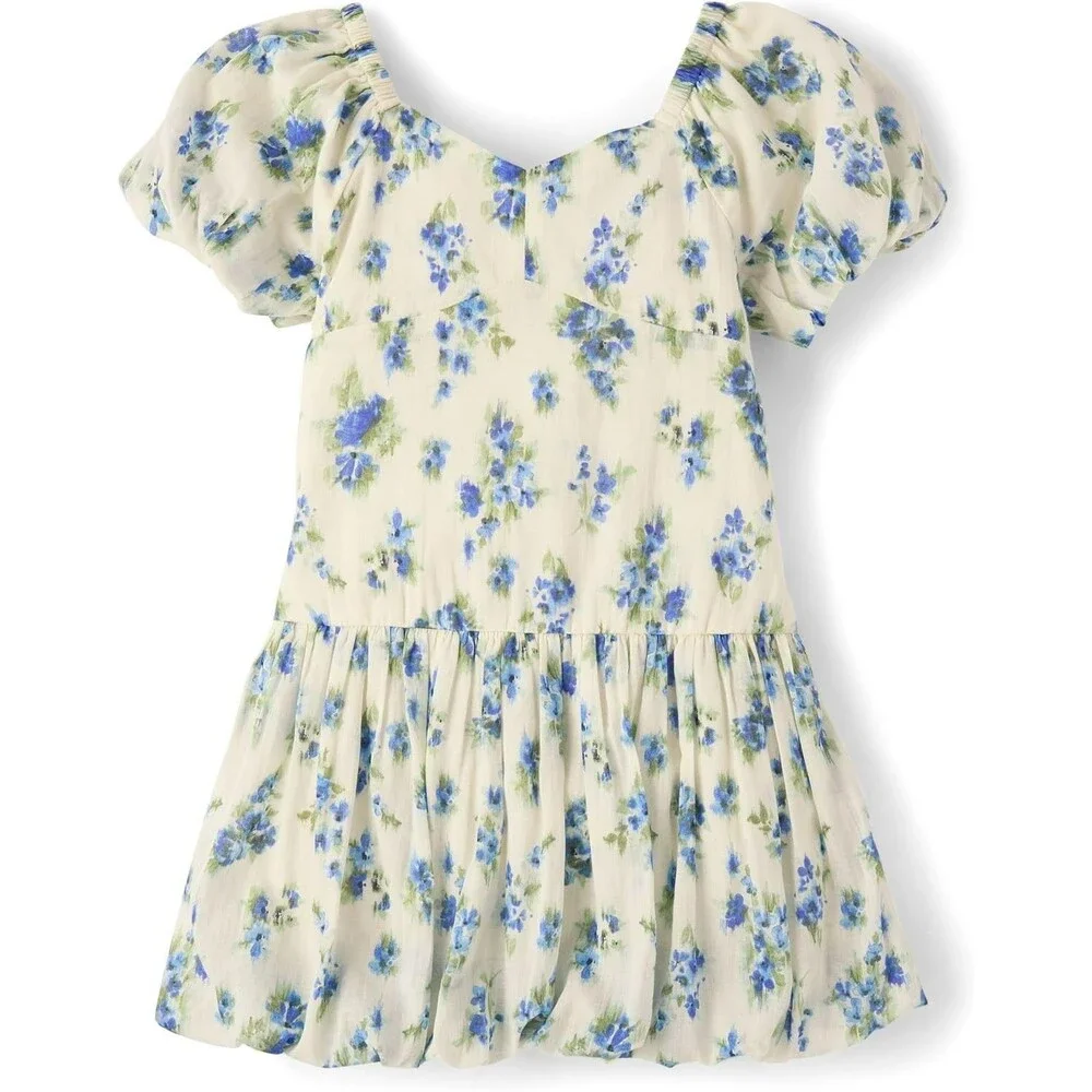 The Children's Place Girls' Mini Dress LARGE 10-12 Blue Floral Sleeveless Bubble